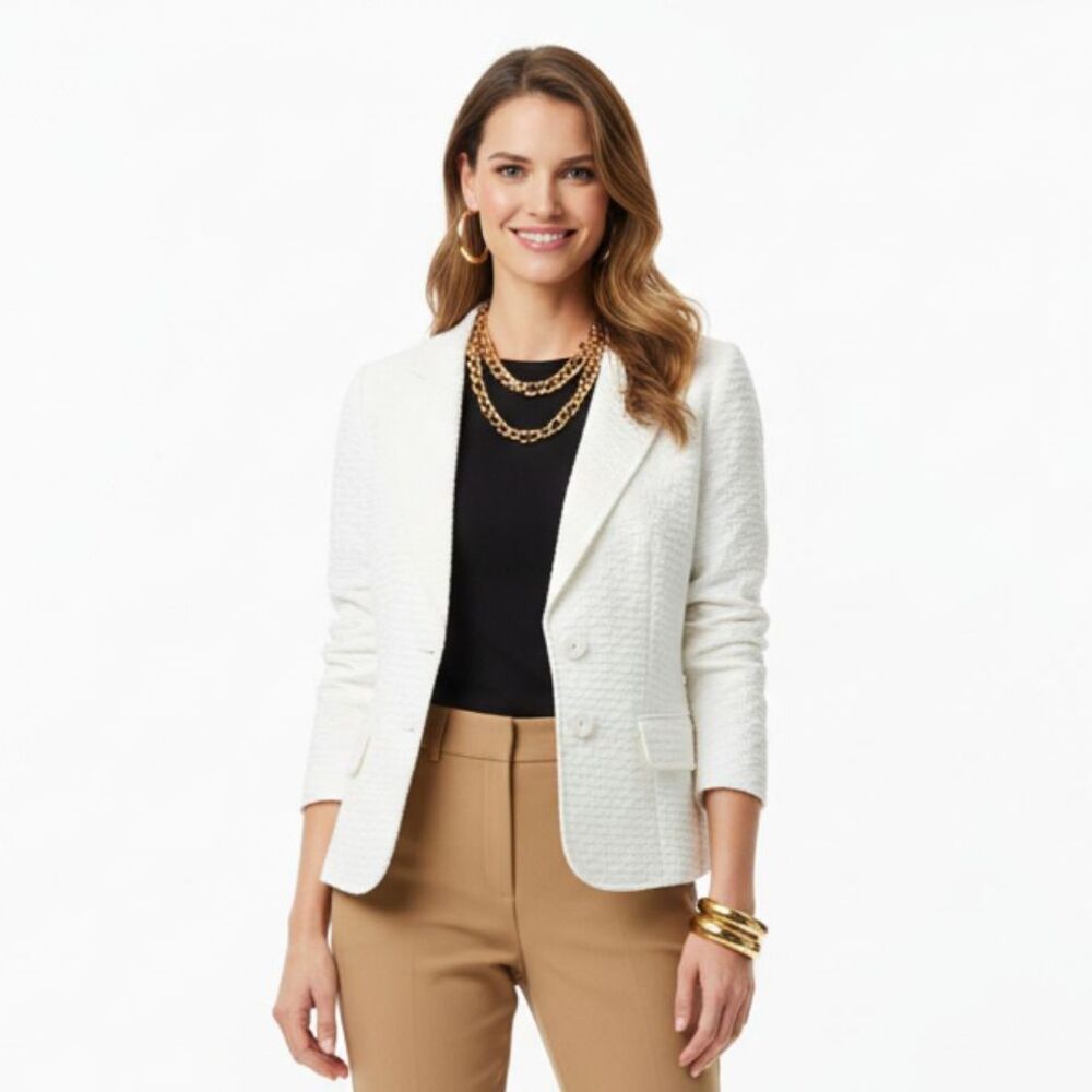 Albert Nipon Women's Ivory Textured Button Up Structured Jacket Blazer 10